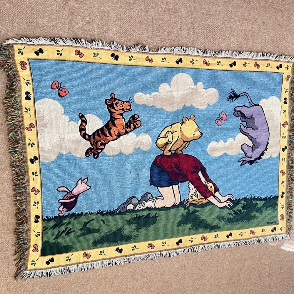 Vintage‎ Disney Classic Pooh Woven Tapestry Throw Blanket Christopher Robin USA